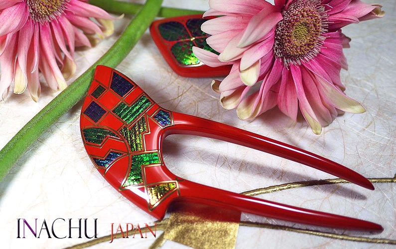 玉虫蒔絵の二股簪